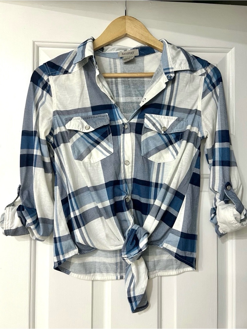 Passport Women’s Blue White Plaid Button Front Shirt Size S Roll Tab Sleeves